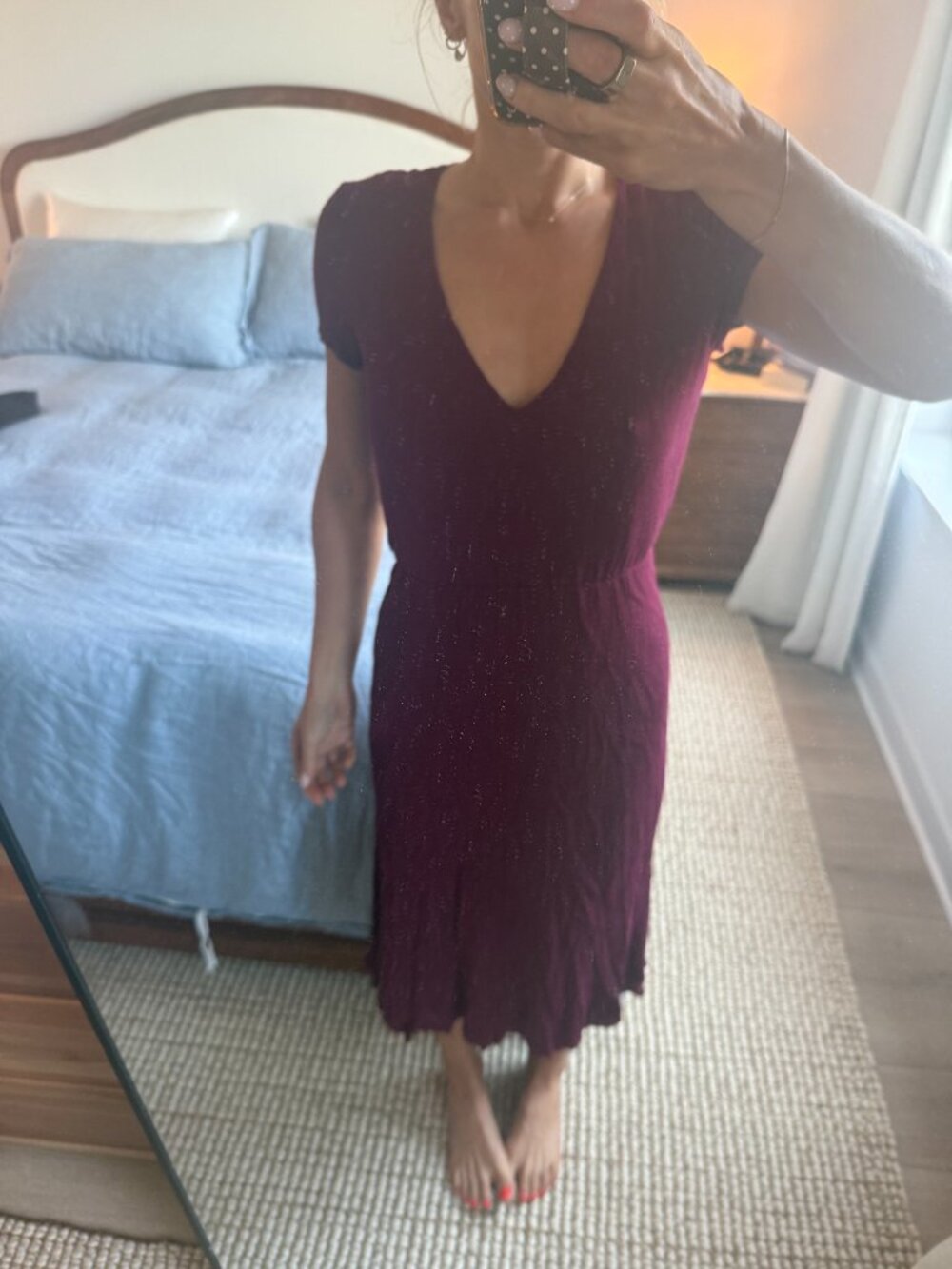 WAYF Burgundy V-Neck Midi Dress Small